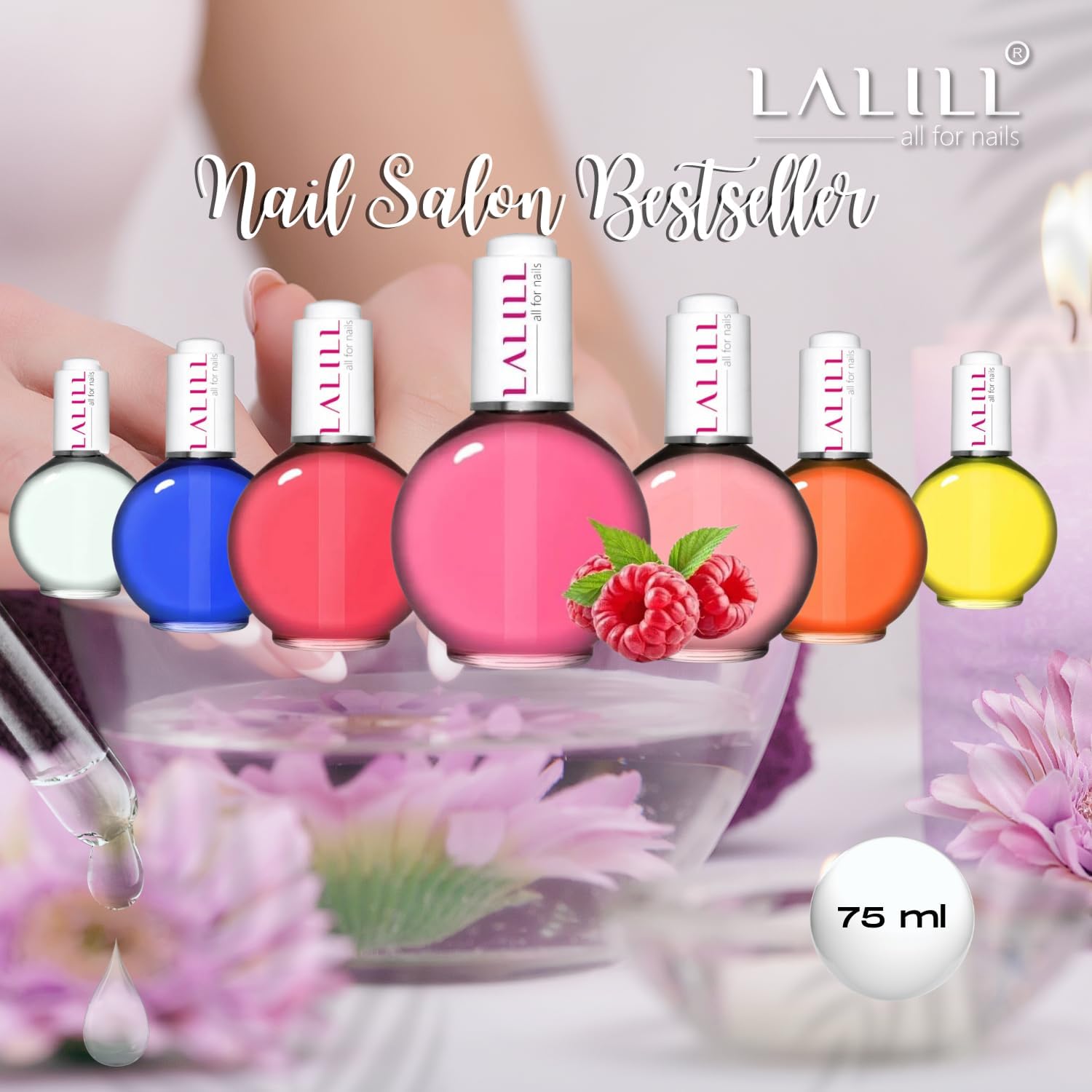 LALILL Olejek do skórek do paznokci 75 ml – malinowy olejek do pielęgnacji paznokci – pielęgnacja skórek paznokci – SPA manicure Nail design rąk – wegański – z pipetą
