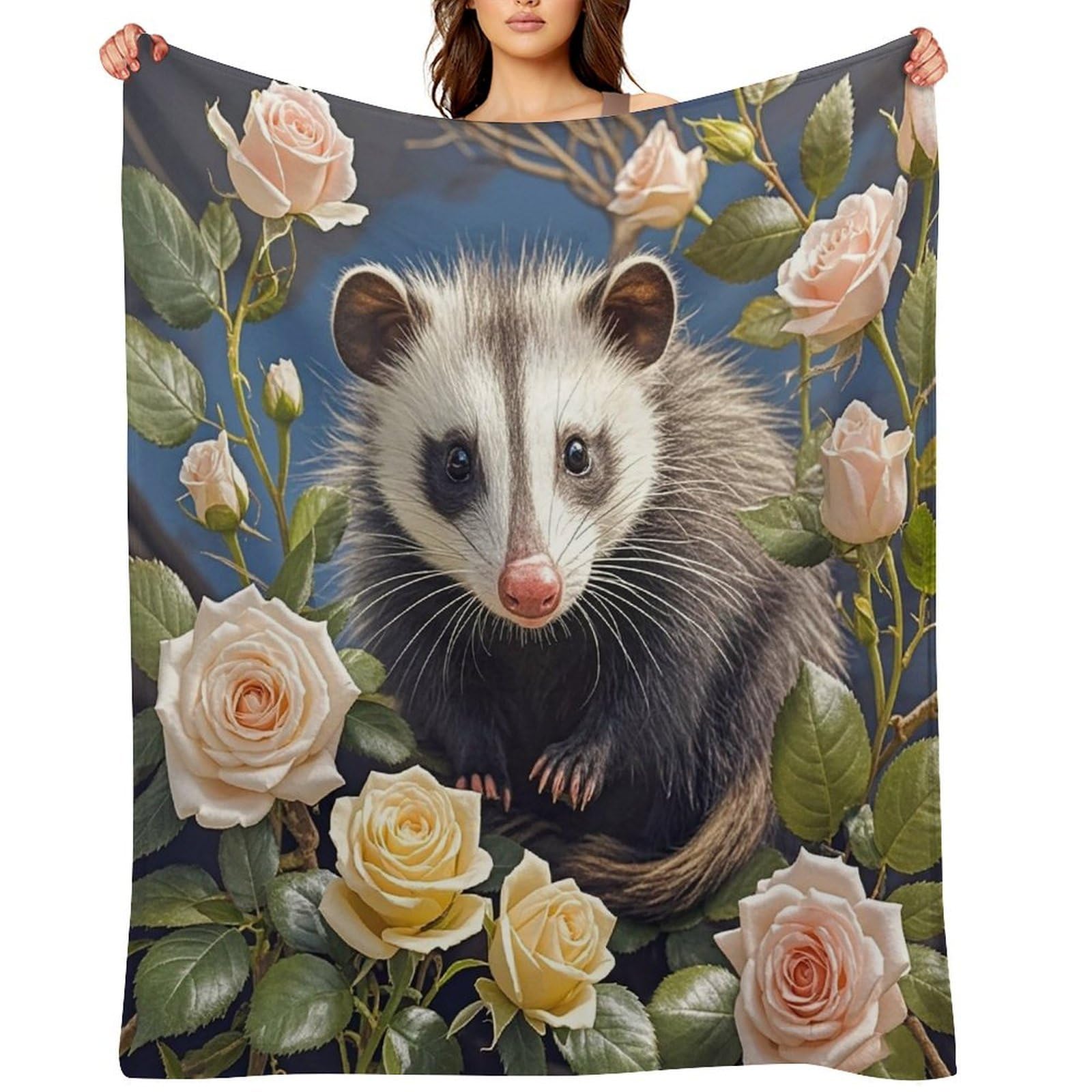 Flannel Opossum and Roses Throw Blanket for Couch Super Soft Fuzzy Cozy Flannel Blankets No Shed No Pilling FAnti-Static Winter Bed Blanket Decorative and Giftable Blankets