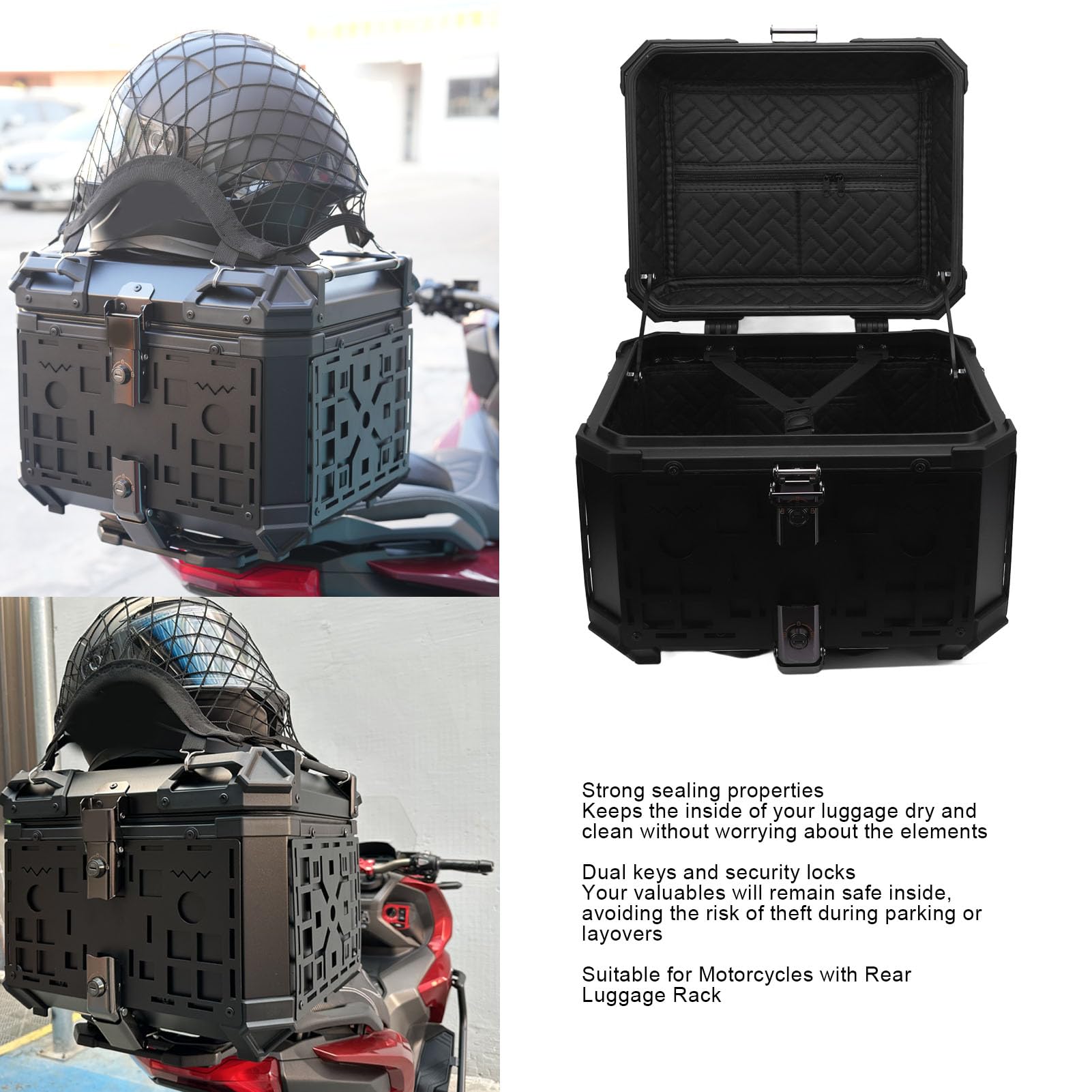 RiToEasysports Kufer Górny Motocykla, Bagażnik ze Stopu Aluminium 45 L z Szybkozamykaczem, Odpinana Wkładka, Konstrukcja Zapobiegająca Upadkowi dla Turystów Jeżdżących na Rowerze