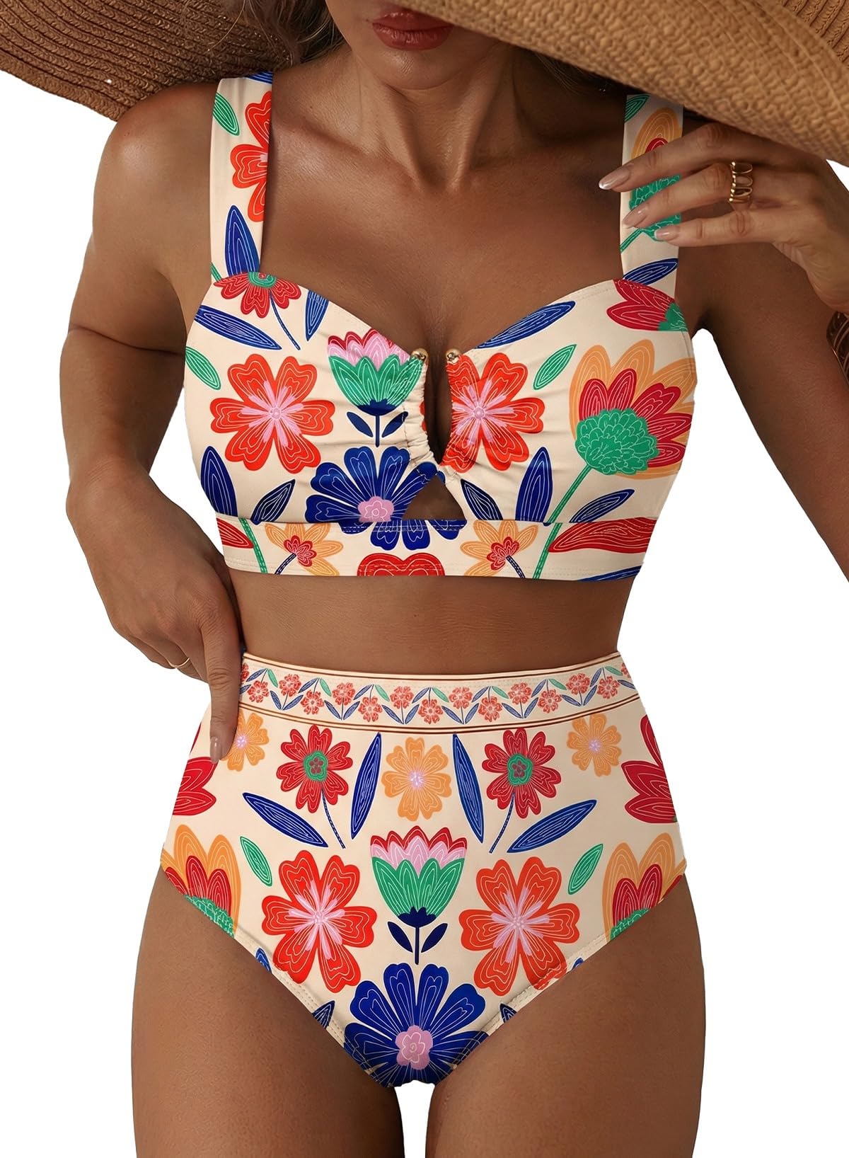 Herseas Women's 2 Piece U Wire Cutout Bikini Sets Floral Print High Waisted Swimsuit 2026 Summer Beach Swim Bathing Suit