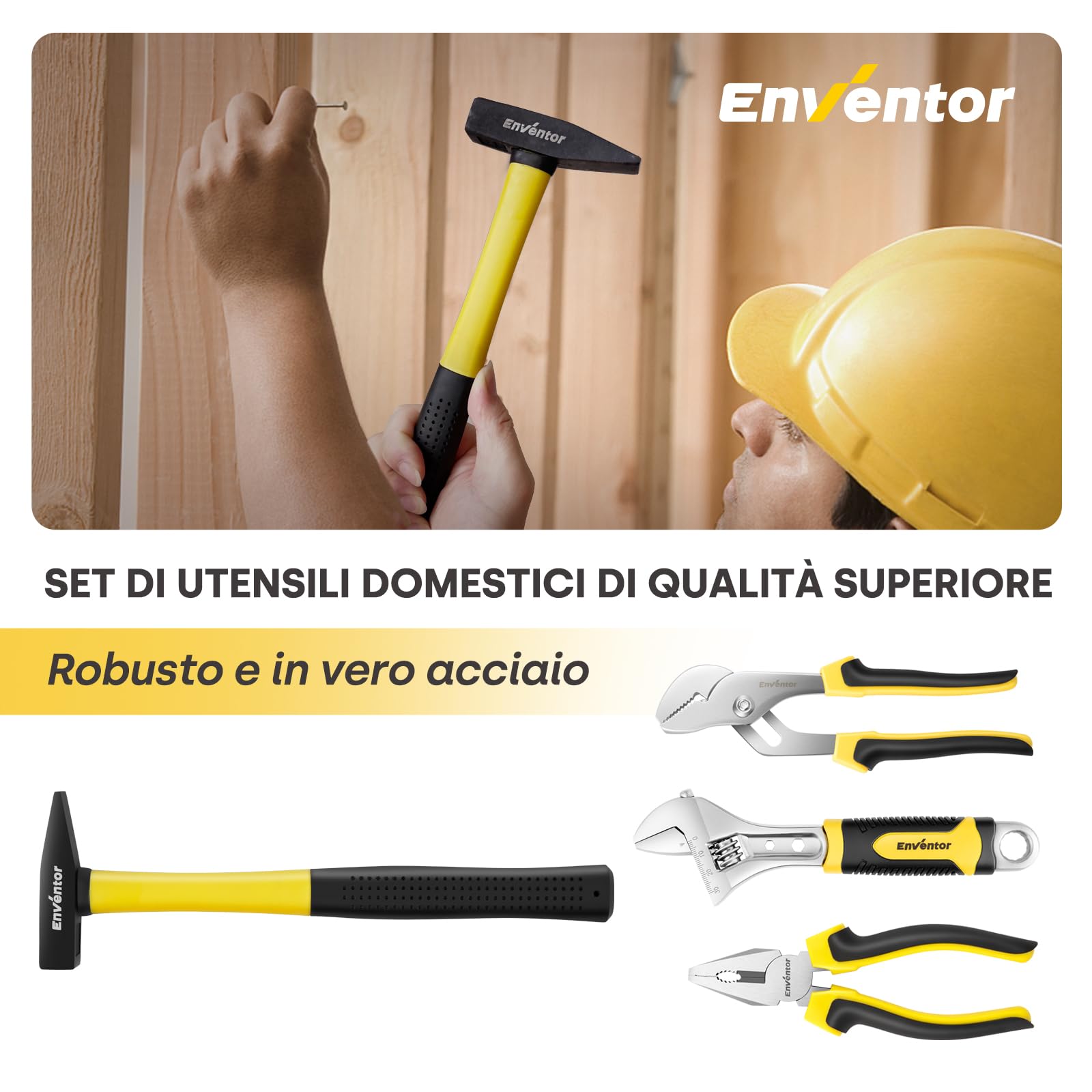 Enventor Cassetta Attrezzi Completa 158 Pezzi Giallo, Set Attrezzi da Lavoro con Cacciavite Chiave a Martello, Utensili da Lavoro con Cassetta Degli Attrezzi, Valigetta Attrezzi Completa per la Casa