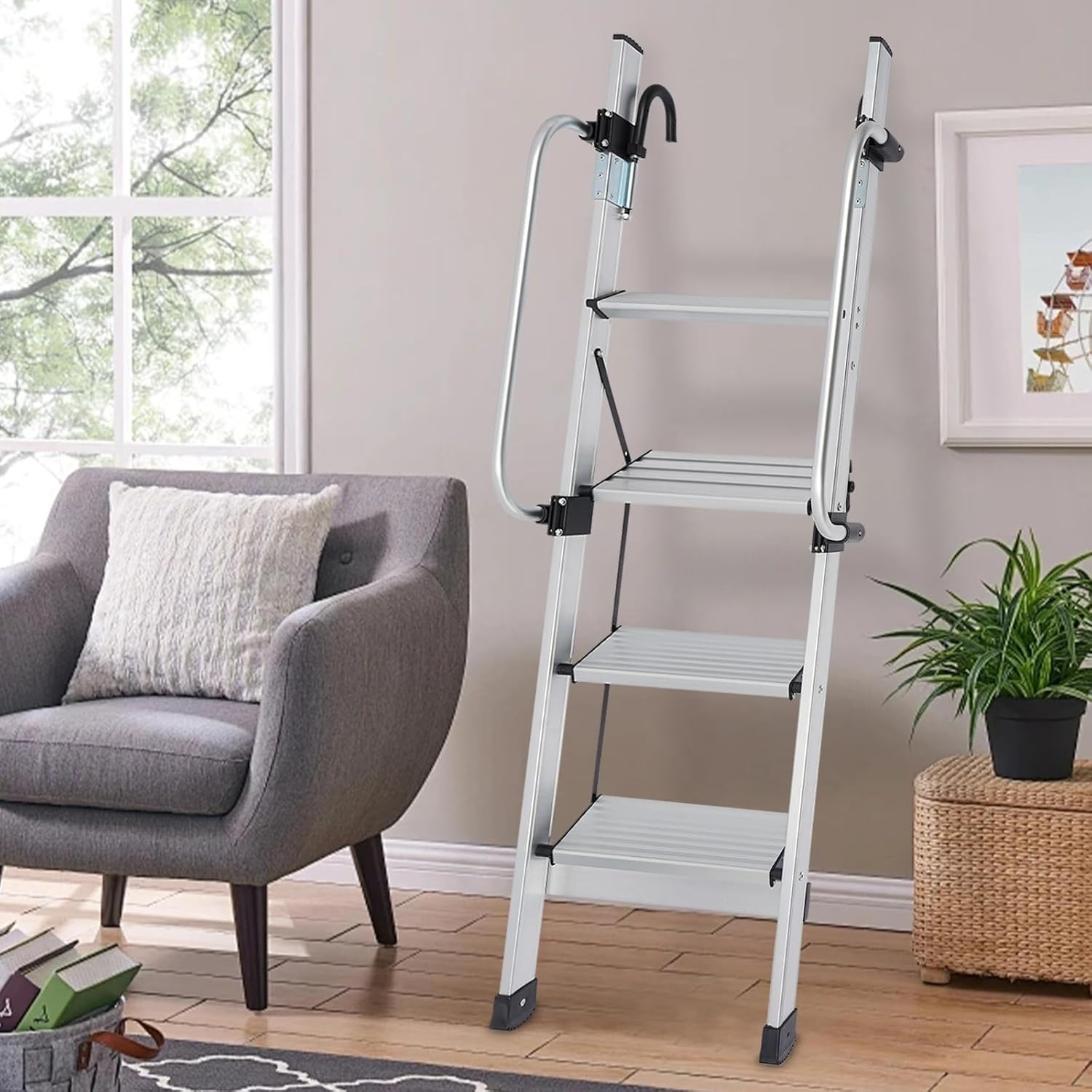 attic ladders 4 Step Aluminum Bunk Bed Ladder 330 lbs Load Capacity, Foldable Hook-On Ladders, RV Camper Dorm Loft Staircase