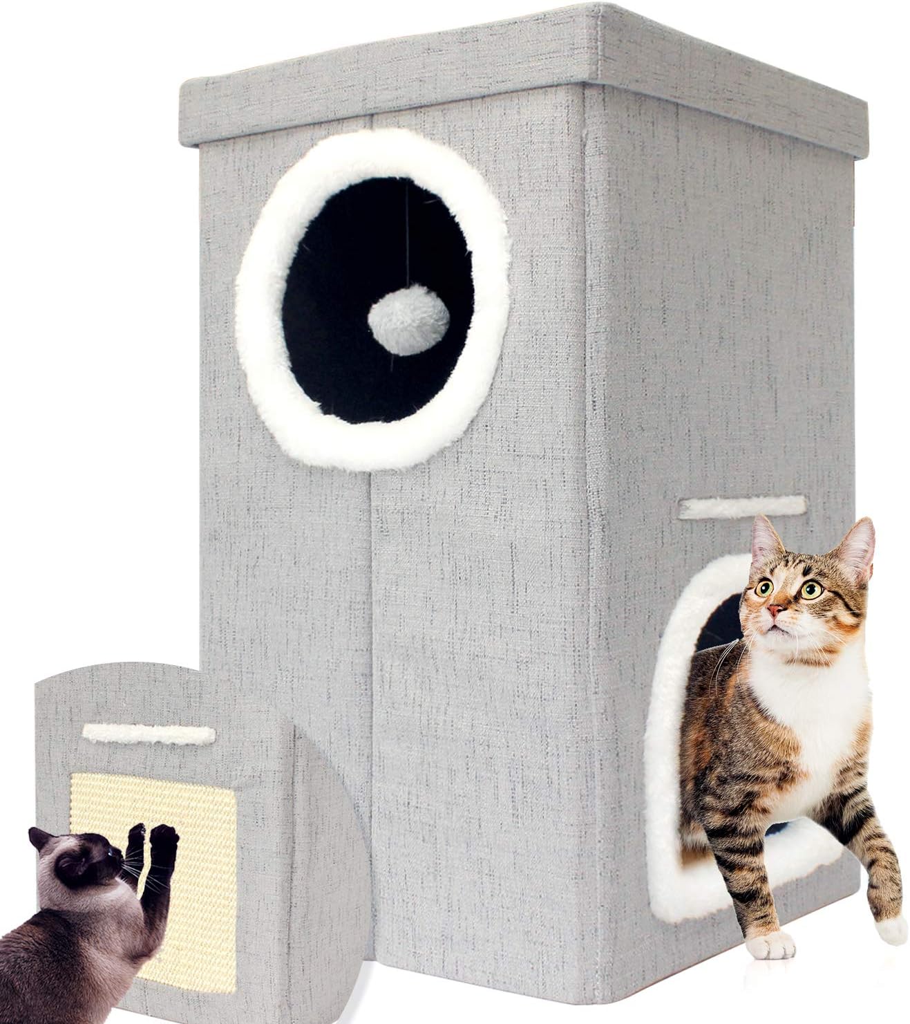 Downtown Pet Supply 2 Level Cat House - Modern Cat Condo & Kitten Bed - Foldable Cat Cube Bed with Cat Scratching Post and Cat Toy - 22 in x 11.5 in x 11.5 in - Grey Cat Ottoman : Pet Supplies