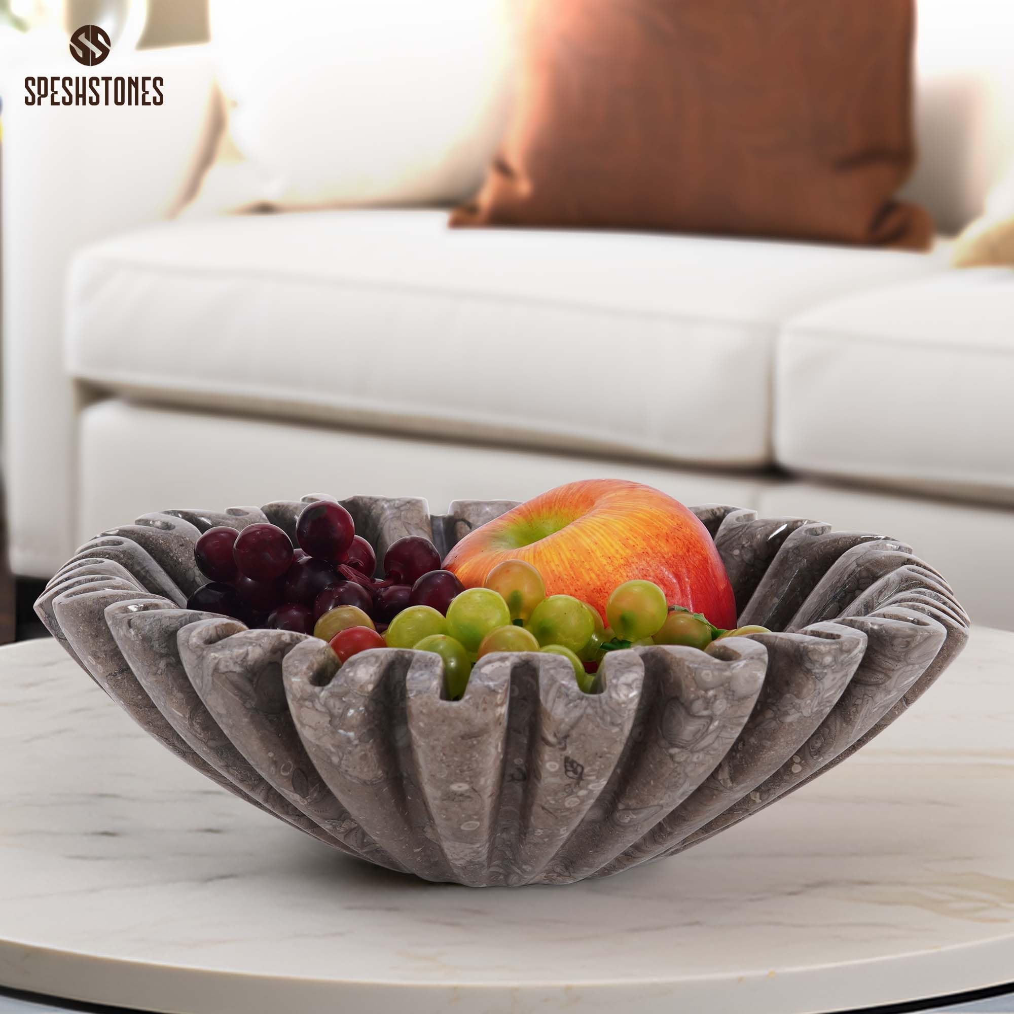 SPESHSTONES Cuenco de mármol con volantes de 10 pulgadas, cuenco decorativo grande para encimera de cocina y centro de mesa de comedor, cuencos modernos de piedra estriados y festoneados para