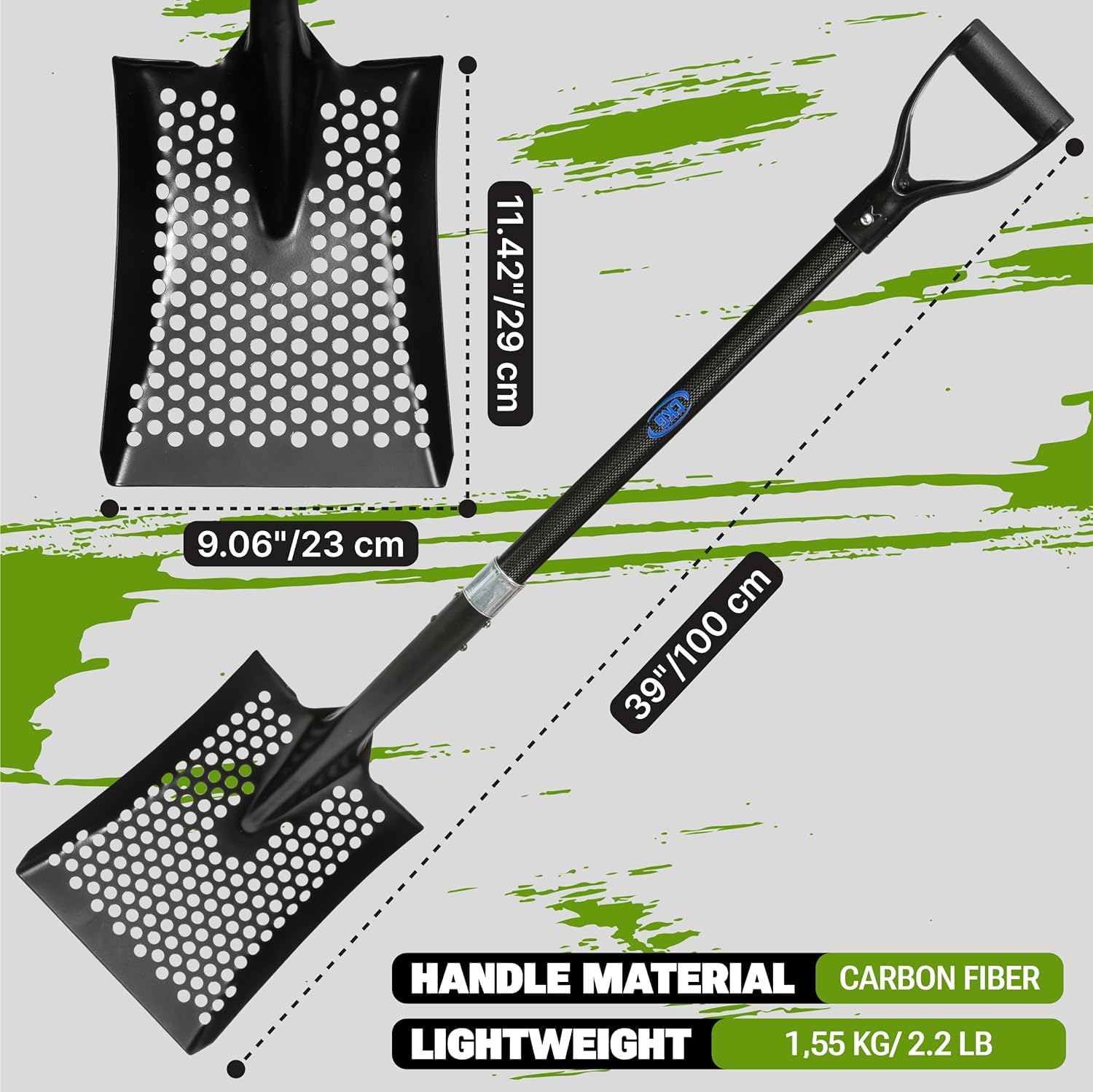 CKG Siebschaufel Sand und Hühnerkotschaufel mit Carbon-Griff, Schwarz | Für Sand, Stall & Garten. Siebt schnell Erde, Einstreu & Strandgut. Mit Carbon-Griff, Stahlwanne & D-Griff