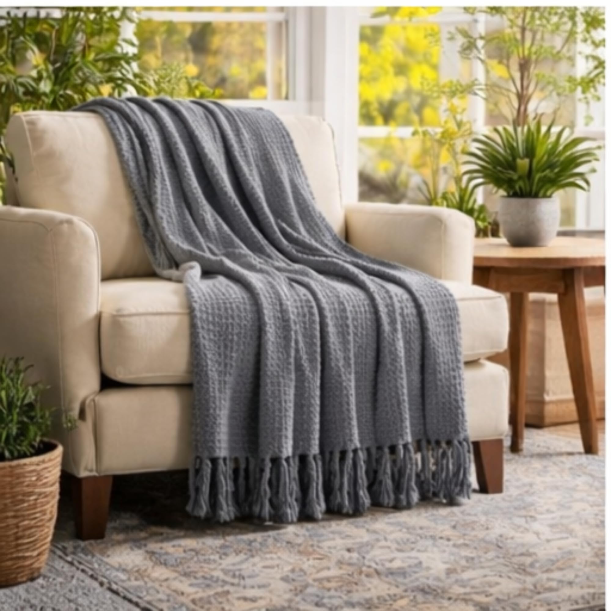Tarantaran Grey Sofa Throw Blanket, Soft Cotton Waffle Weave Couch Throw with Tassels, Lightweight All Season Decorative Blanket-image-0