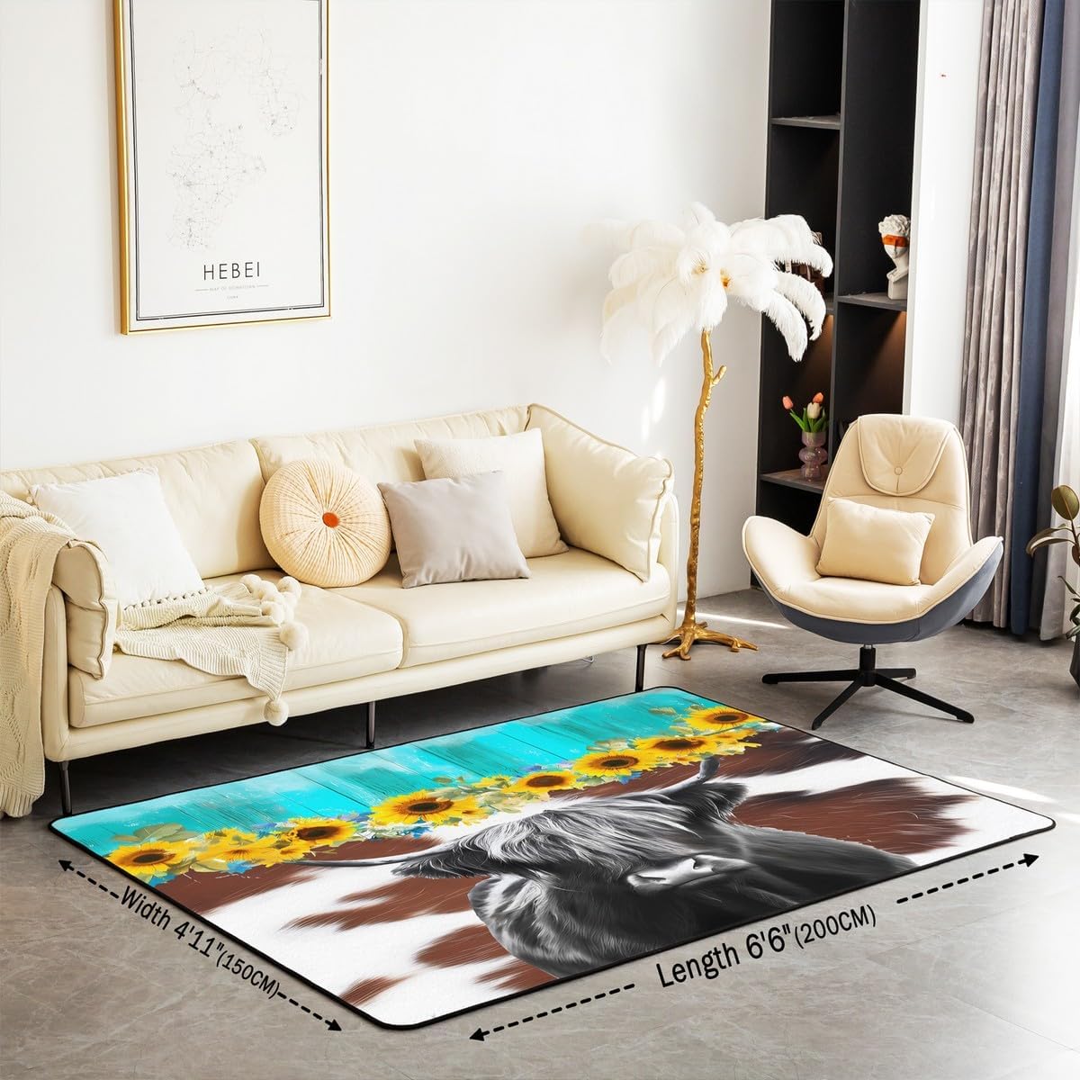 Highland Cow Area Rug for Kids Boys Girls Sunflower Decorative Carpet Set 3x5 Cow Fur Print Living Room Rugs Bedroom Decor Farmhouse Animal Blue Yellow Indoor Floor Mat Bedding Collection