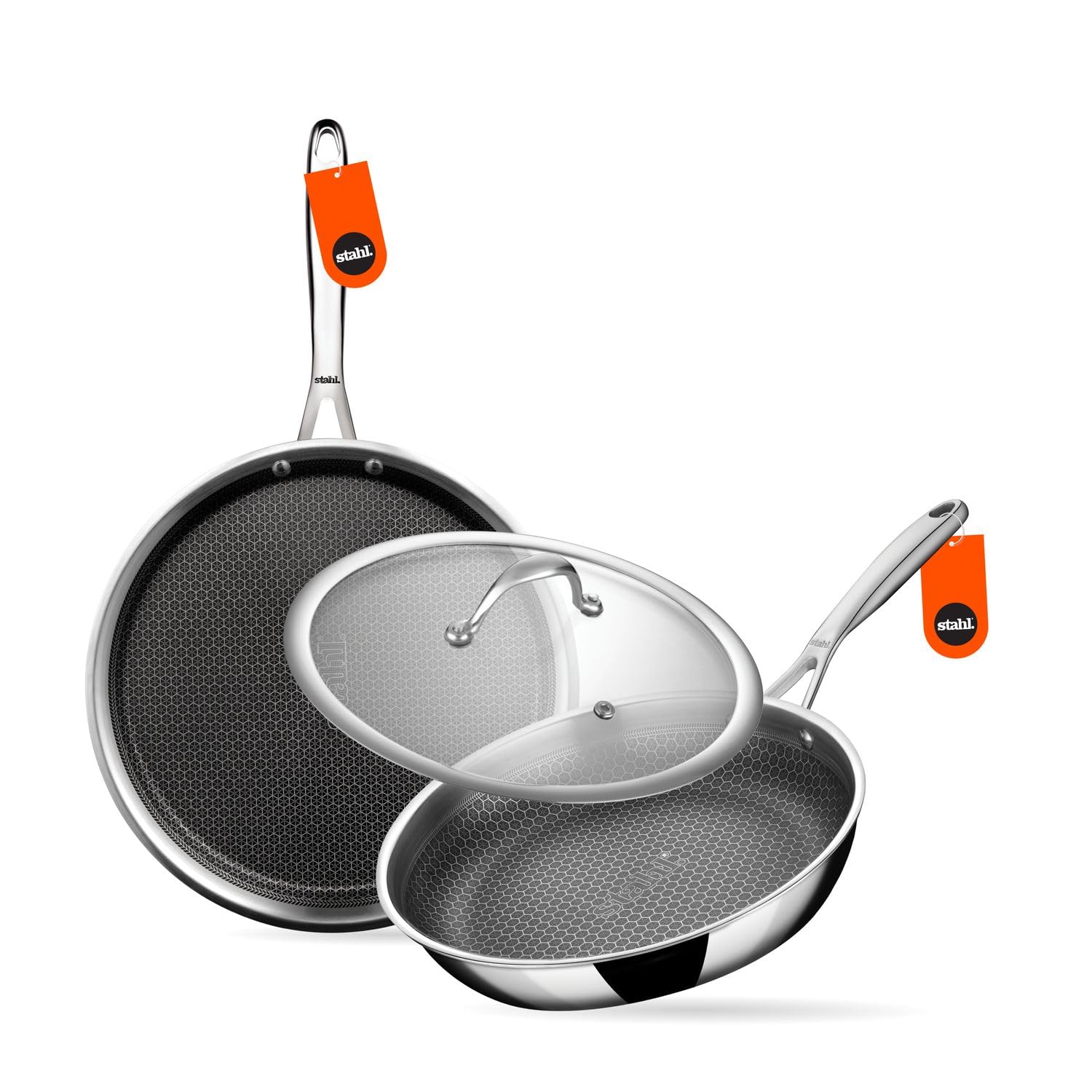 stahl artisan hybrid triply stainless steel dosa tawa 28cm + fry pan 24cm with glass lid | induction & gas compatible | non-stick honeycomb hybrid cookware combo