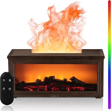 Fireplace Flame Essential Oil Diffuser Humidifier - Ultrasonic Aroma Diffuser with 7-Color Flame Effect, Remote Control & Auto-Off Timer for Bedroom, Home Office,YogaDark Wood Grain