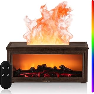 Fireplace Flame Essential Oil Diffuser Humidifier - Ultrasonic Aroma Diffuser with 7-Color Flame Effect, Remote Control & Auto-Off Timer for Bedroom, Home Office,Yoga(Dark Wood Grain)