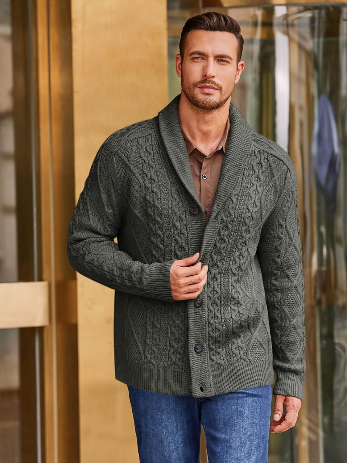 Runcati Mens Shawl Collar Cardigan Sweater Cable Knitted Button Down Sweaters Chunky Fall Winter Outwear - Image 3