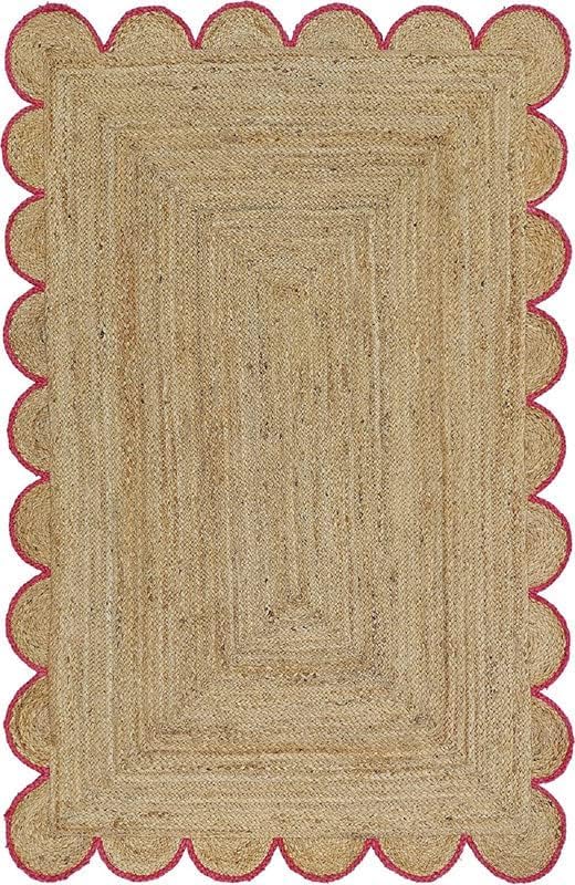 Tapis en jute naturel festonné haut de gamme, l'élégance vintage rectangulaire rose