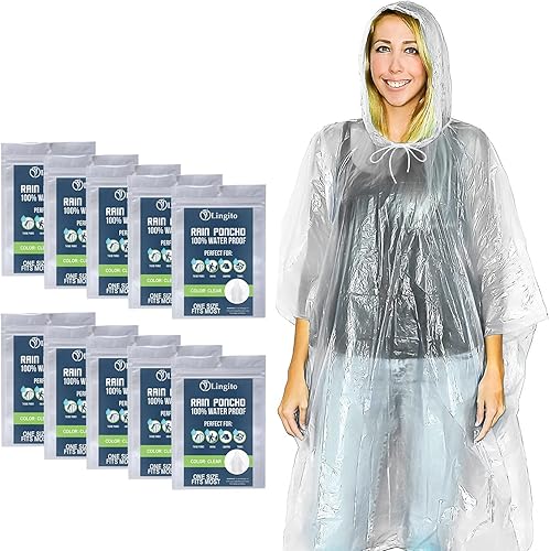 Lingito Clear Emergency Rain Ponchos Adults, Thicker, 100% Waterproof Emergency Camping Rain Poncho, Amusement Parks, Hikes