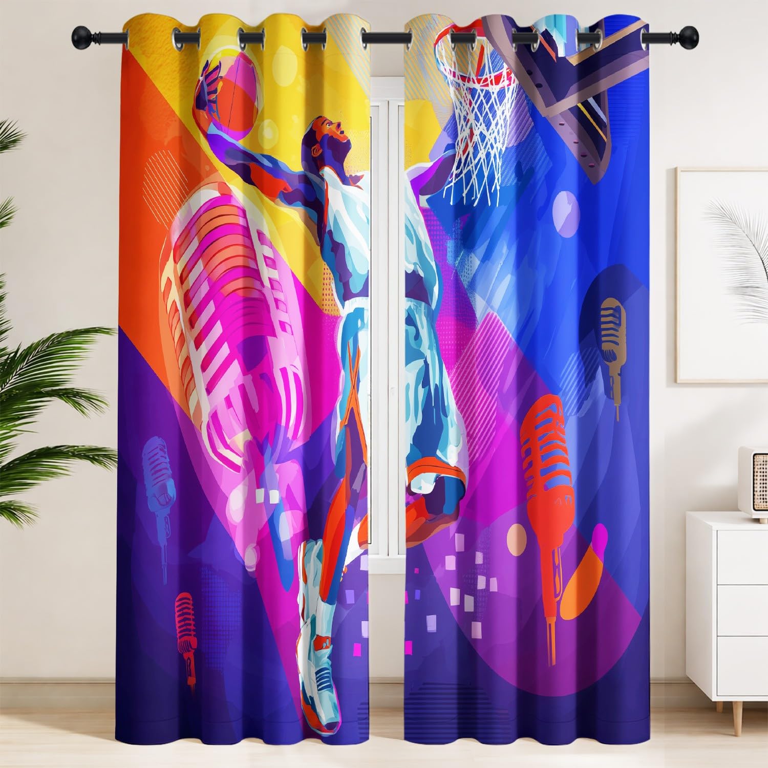 Générique Rideau Occultant Sport Street Lot de 2 L 140 x H 180 cm Joueur Basket Microphone Rideaux Imprimés en Polyester à Oeillets Isolant Thermique Anti Froid pour Salon et Chambre d'enfant