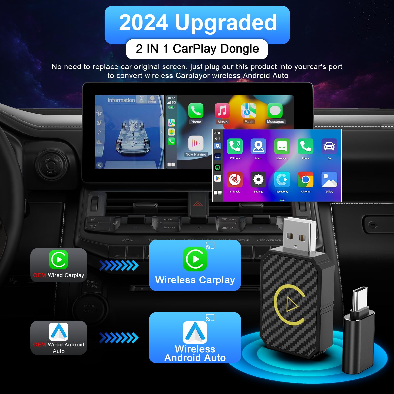 Mini Wireless CarPlay & Android Auto Adapter - Stable Fast Connection for iPhone/Android - Convert Factory Wired to Wireless for Cars 2016+