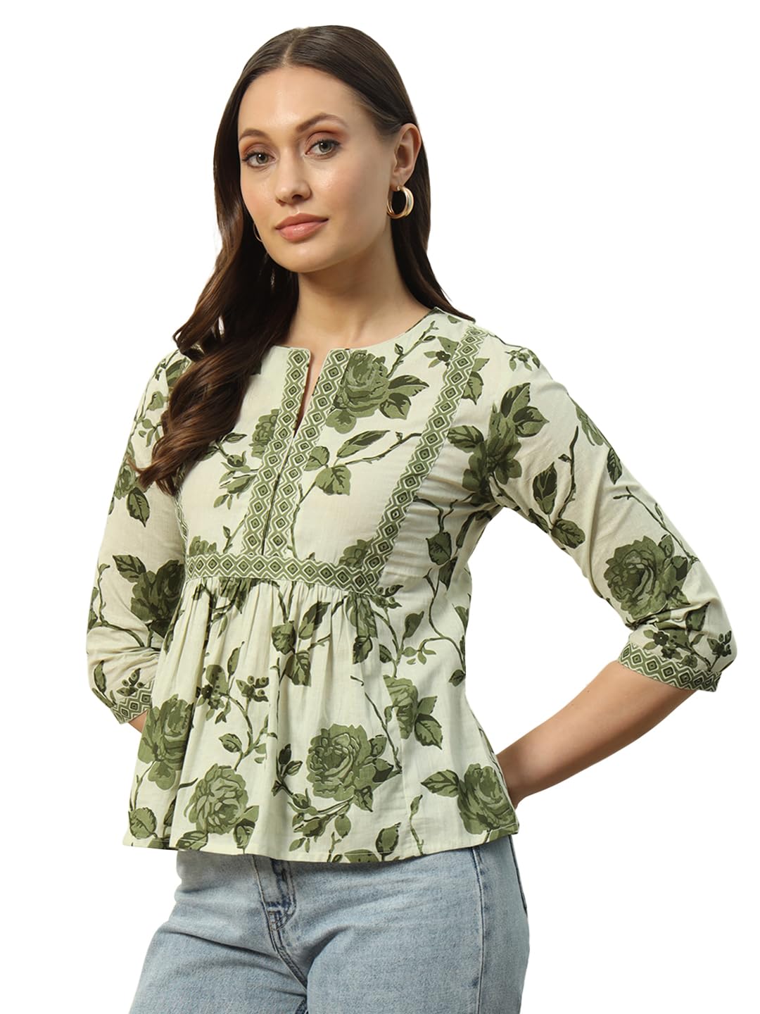 fiorra Women's Pista Green Floral Printed Cotton Top-picture-14