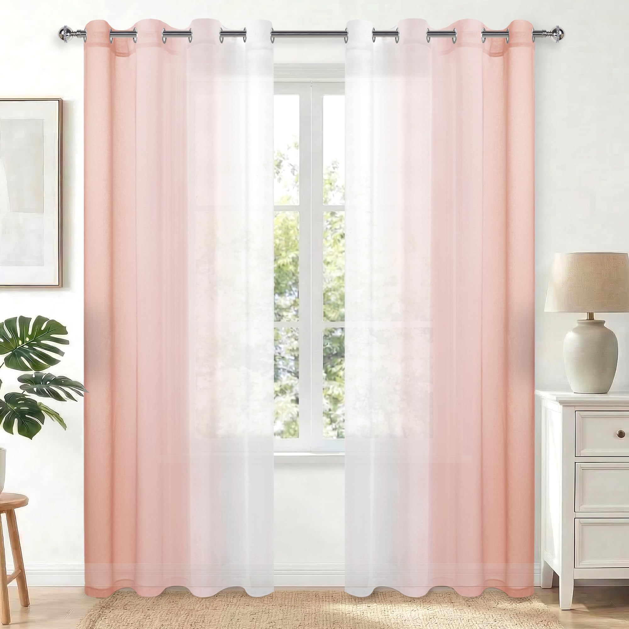 Hiasan Lot de 2 Rideau Voilages Rideaux Intérieurs à Œillet avec Dégradé de Couleur - Voile Transparent en Polyester pour Salon, Chambre ou Bureau, 140x260cm, Rosa
