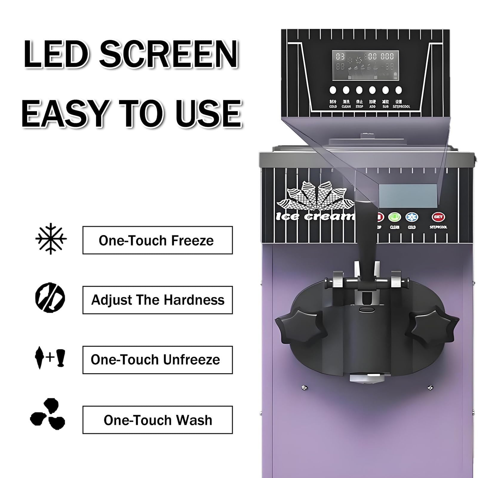 MáQuina De Helado Suave De Un Solo Sabor Para Hacer Helados,Rendimiento De 4-5 Kg/H,450W De Sobremesa Con Panel Lcd, Autolimpieza Y Dureza Ajustable Para El Hogar Y PequeñAs HeladeríAs(White)