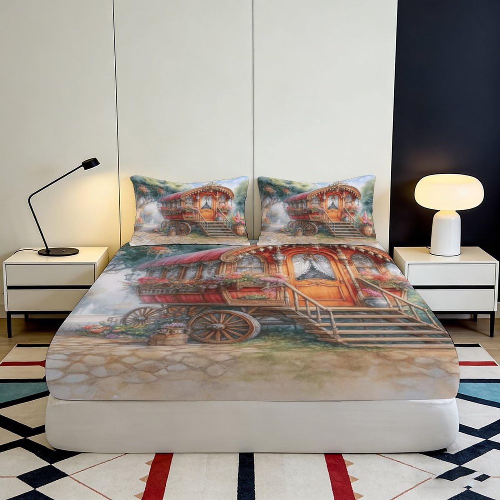 Sábana bajera ajustable con estampado 3D para caravana, funda de cama de