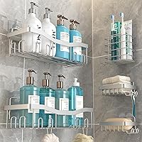 YOUVIP Adhesive Shower Caddy 5-Pack No Drill Rustproof Stainless Steel Shelves with Soap & Toothbrush Holders - Silver Bathroom Organizer