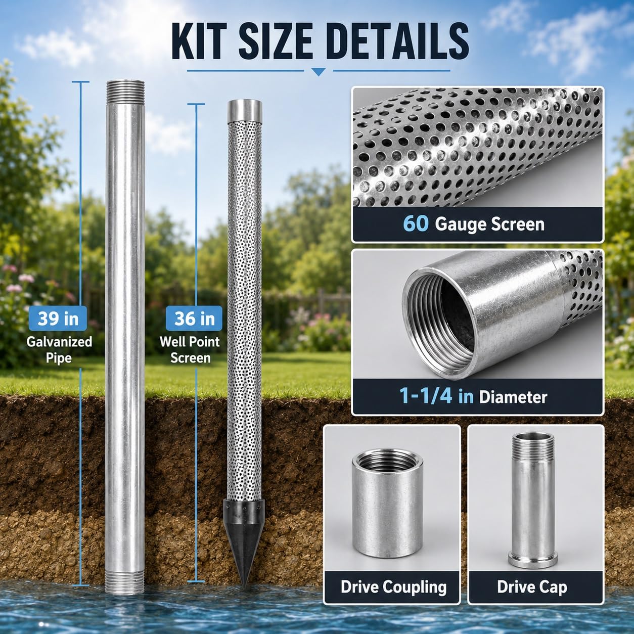 Kit De Tubería De Pozo Galvanizada, Punta De Arena De 1-1/4" 36" | Cabezal de accionamiento de acero inoxidable con criba de malla 60, juego completo for perforación de suelos blandos(3+1kit)