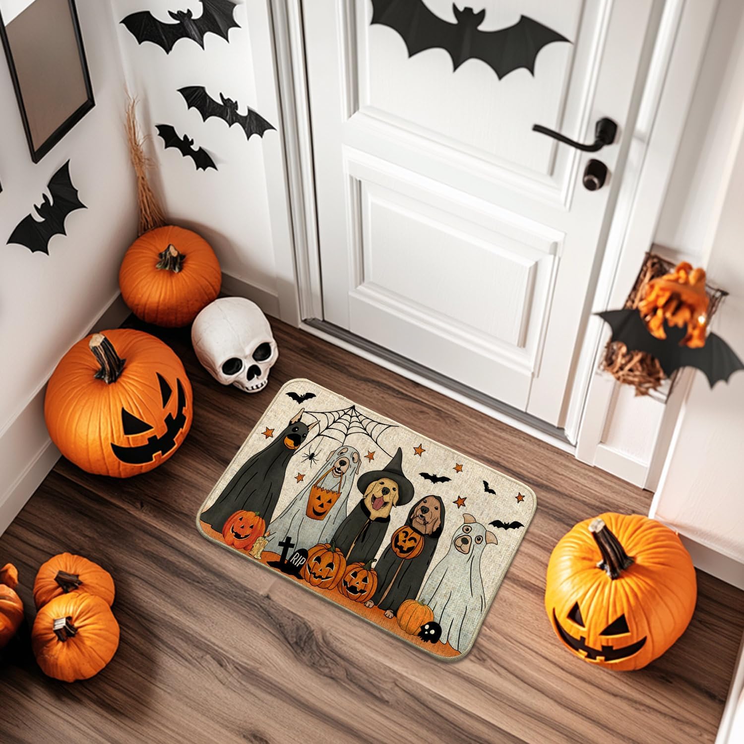 Halloween Dogs Front Door Mat Outside Entrance 17x29 Inches, Autumn Fall Pumpkin Doormat Outdoor Entrance Home Decor AH24