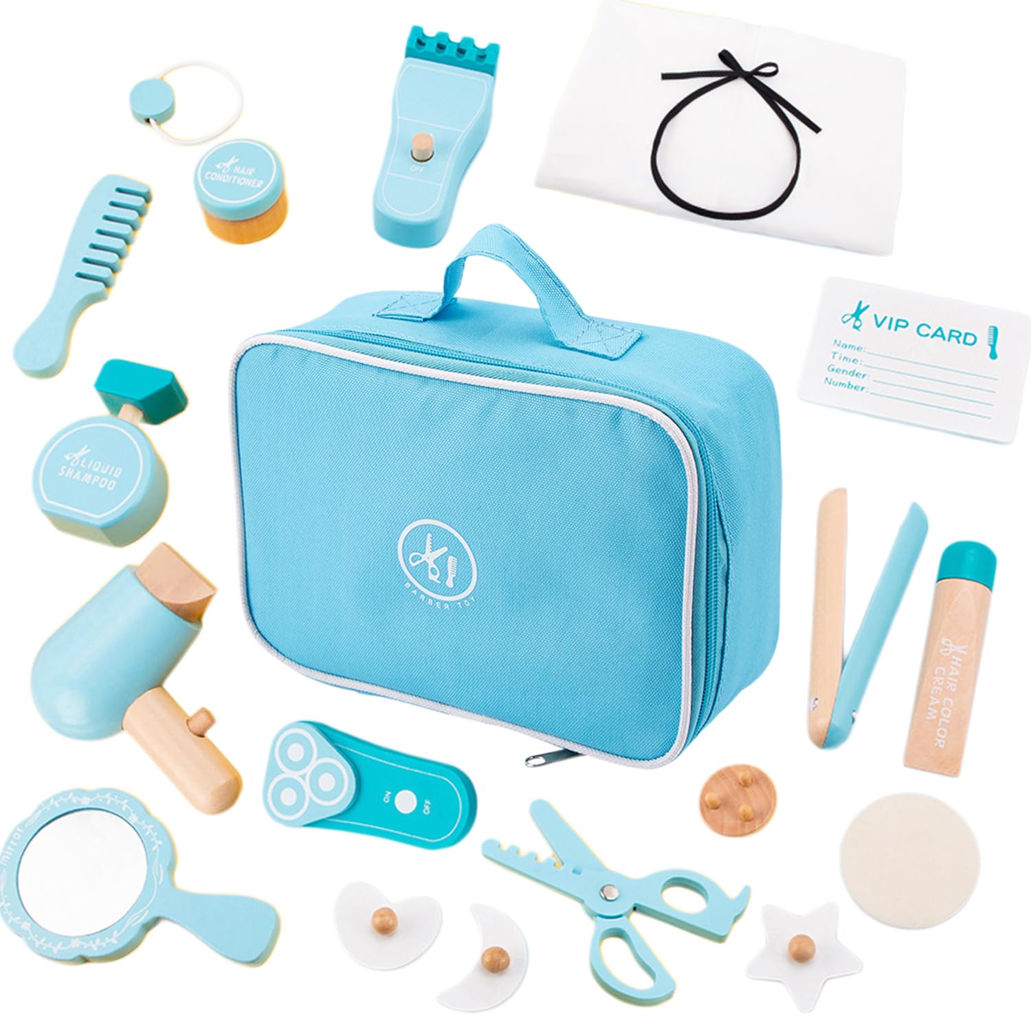 Wooden Makeup Toy Set, Wooden Salon Toys Toddler Pretend Makeup Kit for Little Girls Princess Gift Wood Play Make Up Beauty Set Toys for Girls Age 3 - 9 Birthday Christmas (Blue)