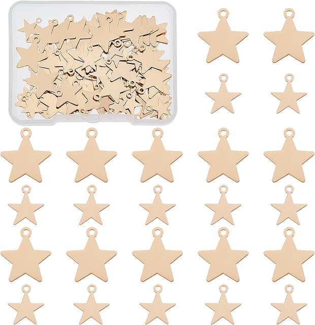 BENECREAT 100Pcs 2 Sizes Gold Plated Brass Star Charms Metal Star Shape Charms Pendants for DIY Bracelet Necklace Jewelry Craft Making Hole: 1~1.2mm