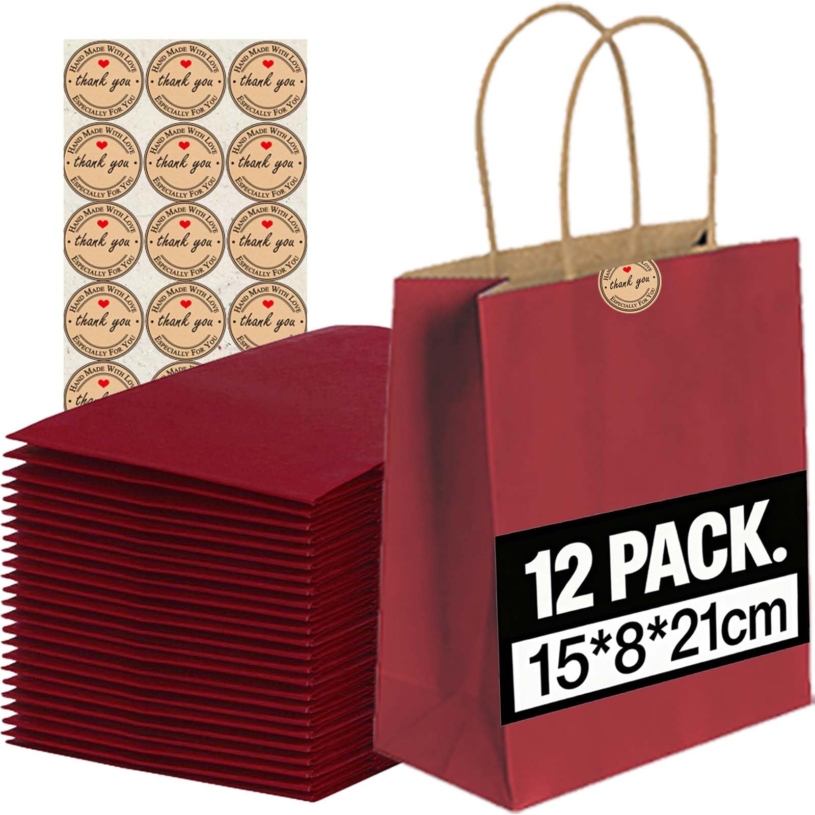 12PCS Kraft Paper Bags With Handles - Mixed Size Gift Bags for Business, Shopping, Retail, Party, Favor, Merchandise,Sacks Restaurant Takeout - 130GMS Thicken Kraft bags (Dark Red)