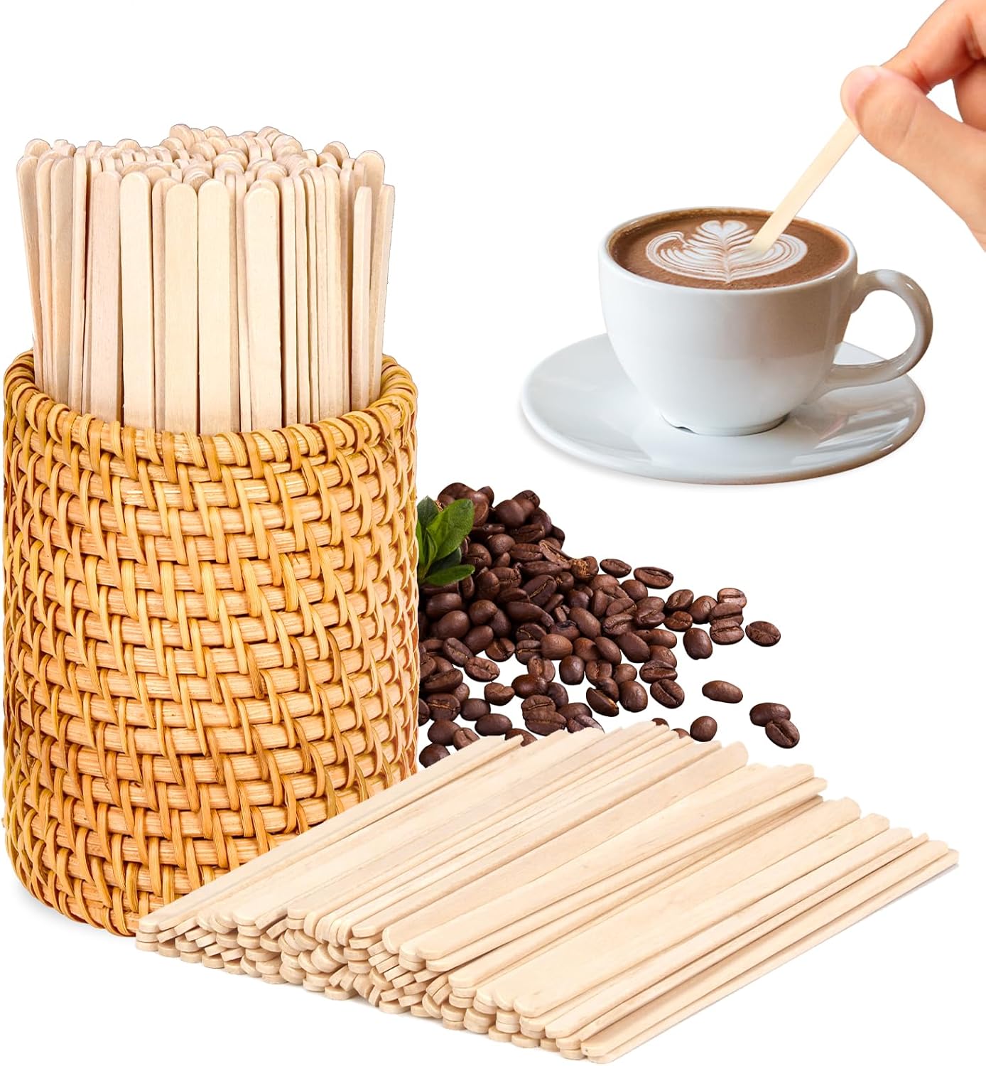 100 Pcs Wood Rattan Coffee Stirrers Holder Set Coffee Stir Sticks Wood Cocktail Stirrers Disposable Beverage Stirrer Sticks 5 Inch Stirring Sticks For Coffee Bar Home Counter Hot or Cold Drinks Tea