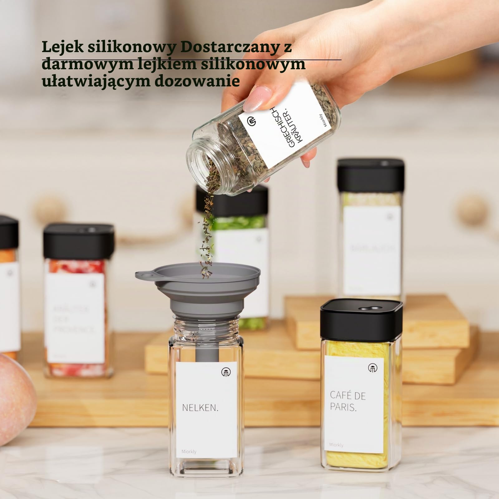 Miorkly Prostokątne słoiczki na przyprawy - zestaw 24 sztuk z czarną, obracającą się pokrywką ze stali nierdzewnej, 120 ml, zestaw słoików z sitkami, wysokiej jakości pojemniki na przyprawy, szklane
