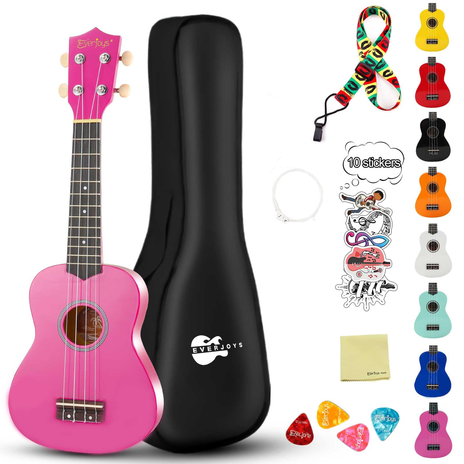 Ukulele soprano per principianti, kit per bambini, adulti, studenti, 53,3 cm, tracolla, corda di ricambio, panno lucidante, plettri per libro dei brani (viola lucido)