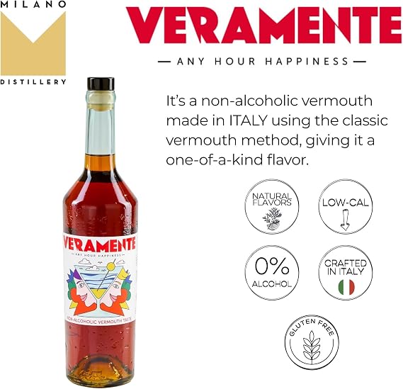 Veramente Non-Alcoholic Vermouth – Botanical infuse Drink with Natural Flavors of Absinthe, Orange, Sage, Rhubarb, Natural Flavours – 750ml Bottle of Glass