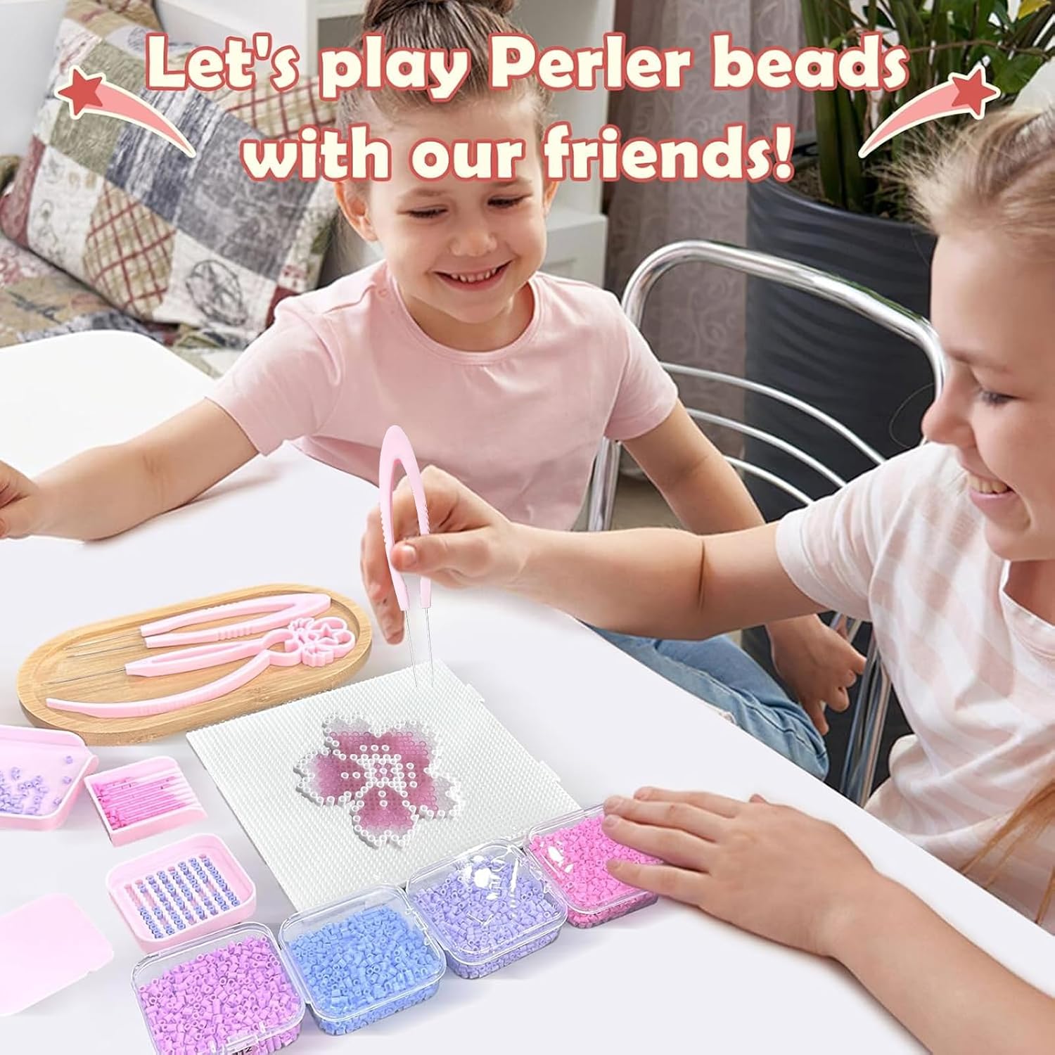 Fuse Beads Picking Tray Kit, 2.6mm Beads Craft Tool Efficient Sorting Tools with Single Double Needle Bead Pegboards Storage Tray Aligner Bean Spatula for Iron Bead Enthusiasts (Pink-8PCS)