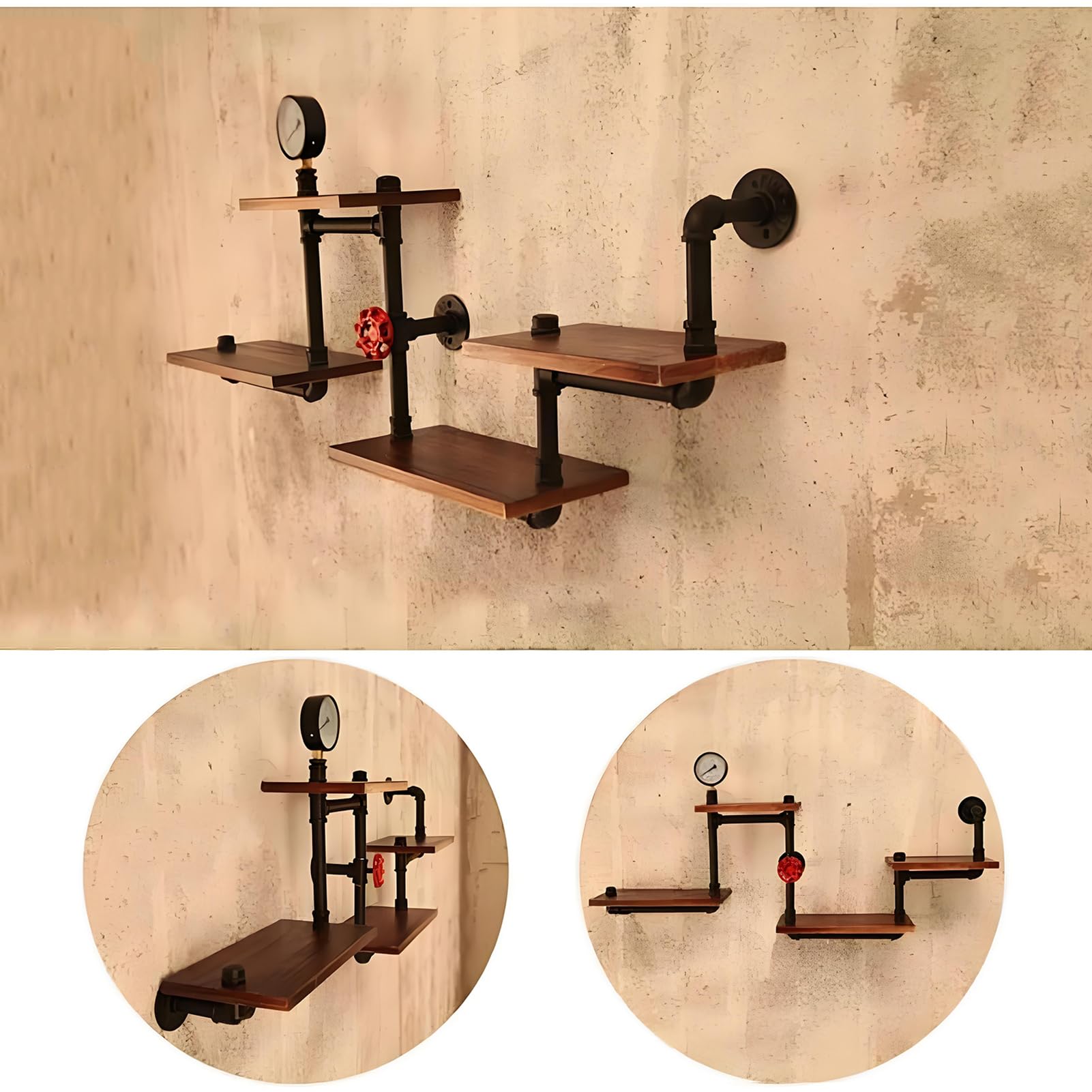 Estantería de pared industrial organizador de almacenamiento de tubos de metal rústico con estantes de madera, estantes flotantes de decoración para sala de estar, dormitorio y cocina
