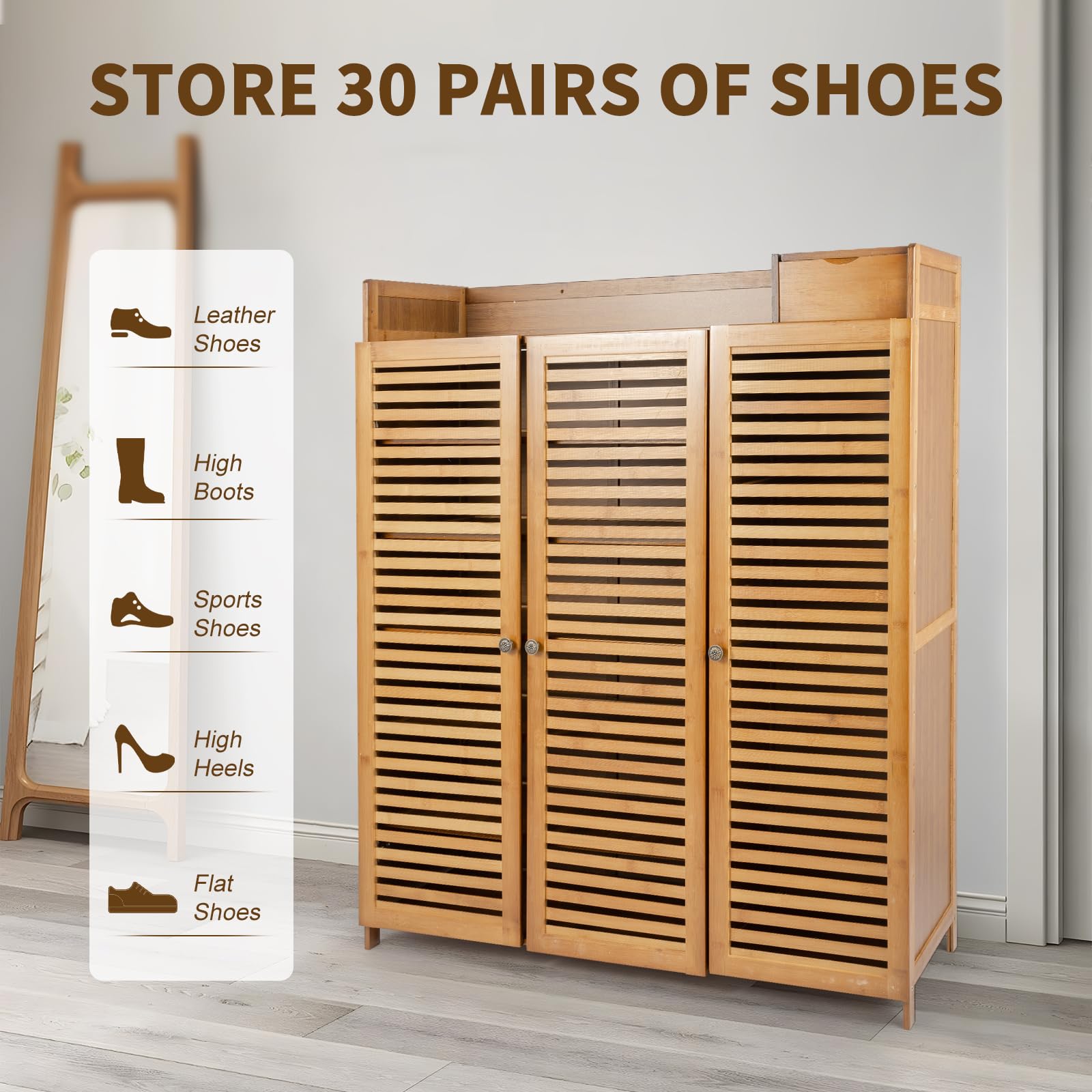 Scarpiera portaoggetti per Letteratura con Ante a persiana, 30 Paia di Scarpe, con Ripiani, Stile Rustico Boho, in Legno, per Ingresso, corridoio