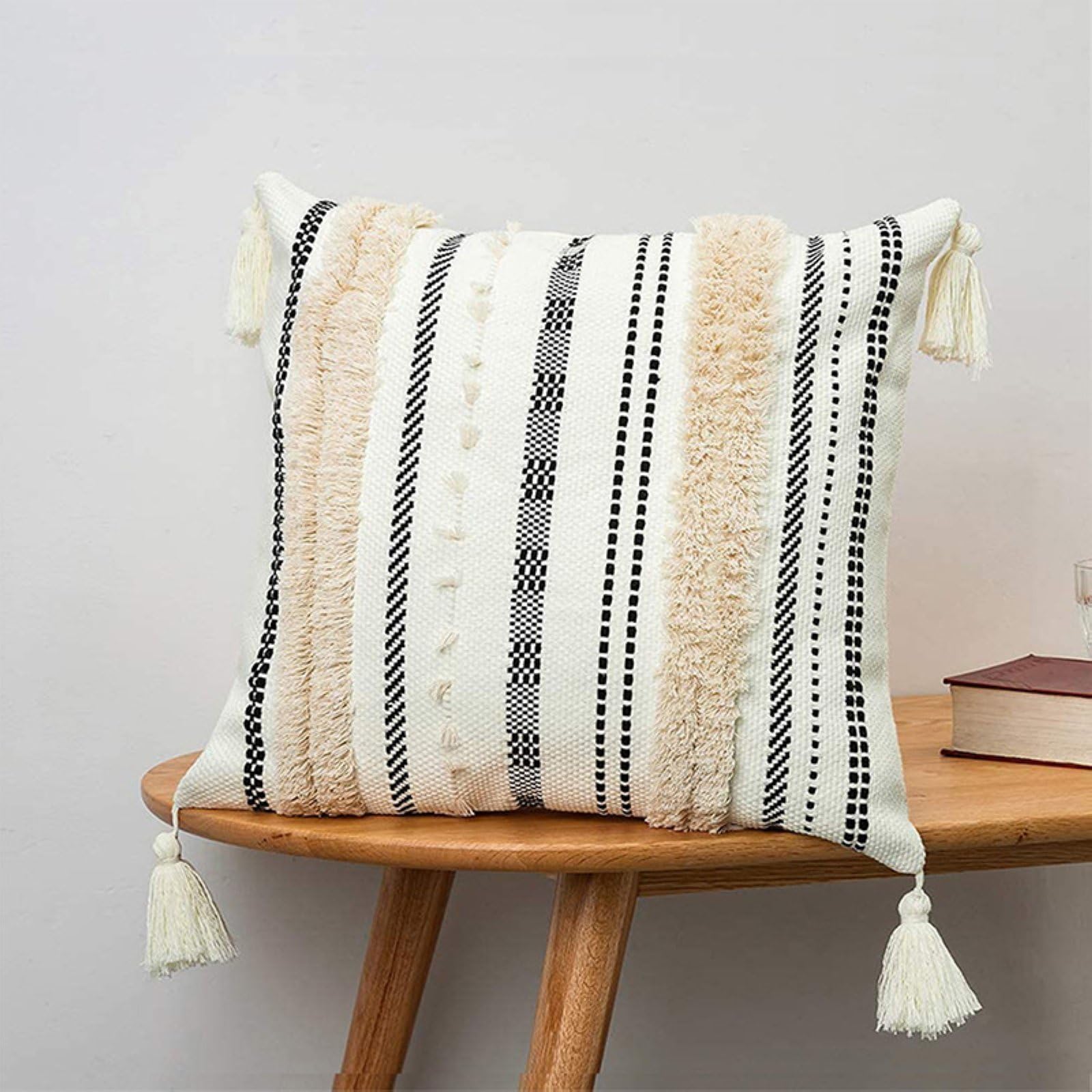 Set di 2 Fodere per Cuscini Boho in Tessuto Federa Carina con Nappe per Divano Letto Soggiorno,Beige,45 * 45cm