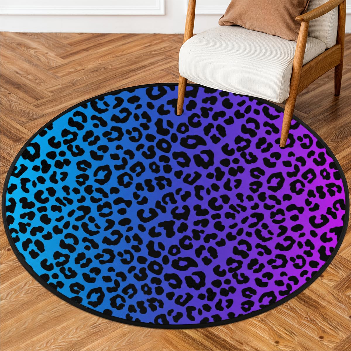 Tapis rond pour salon lavable et antidérapant léopard