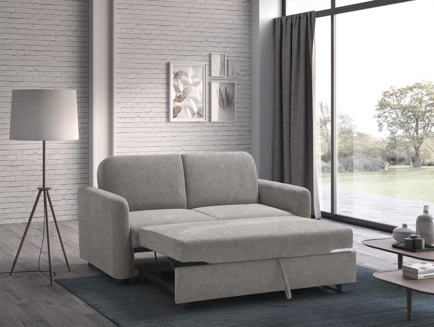 EVERGREENWEB - Divano Letto 2 Posti Matrimoniale L165xP90xA80 cm Moderno Tessuto Beige, Schienale Reclinabile a Doppio Cuscino, Sofà con Chaise Longue Estraibile, Struttura Imbottita Pieghevole, NELLY
