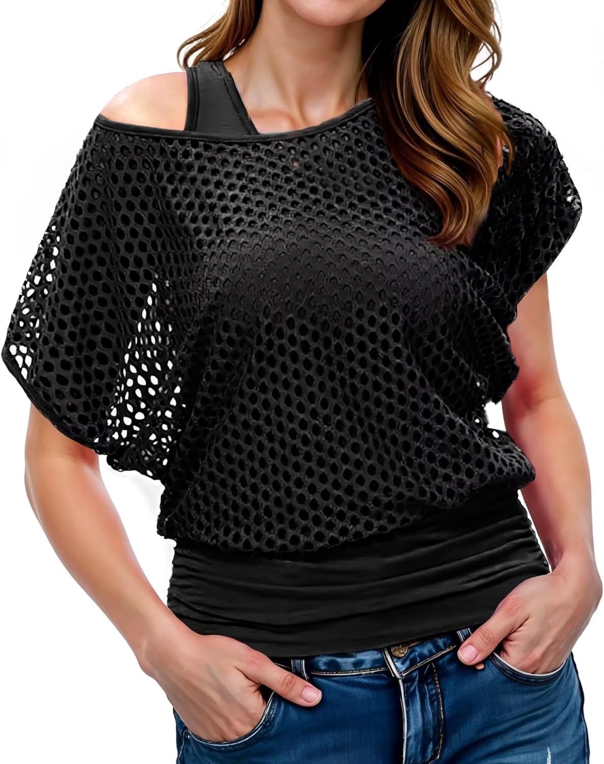 WILDPARTY Women Casual Sexy 80s Costumes Fishnet Neon Off Shoulder T-Shirt Two Pieces