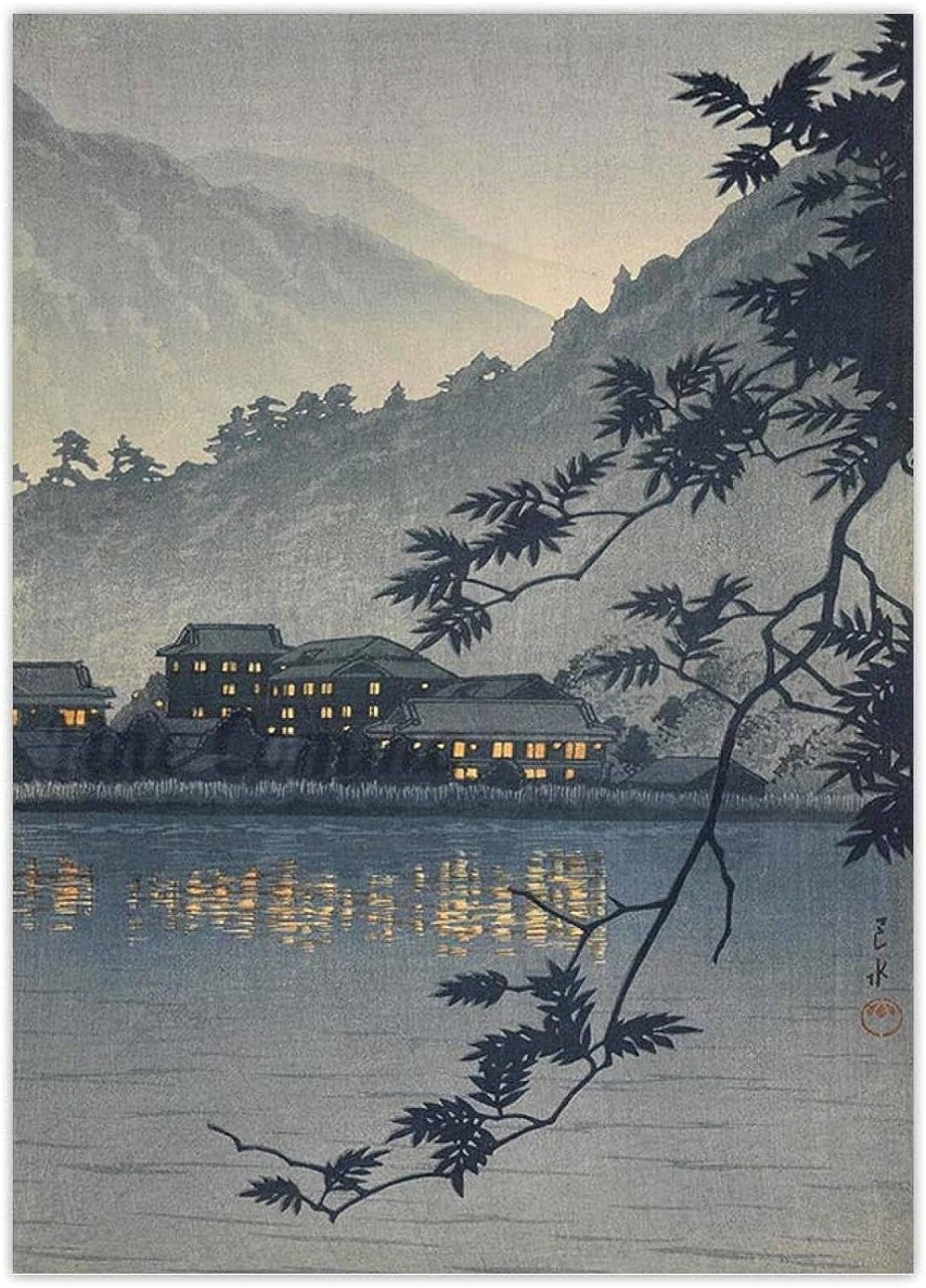 Poster Lago Kawaguchi Di Kawase Hasui | Stampa D'Arte 40x80 Cm | Quadro Blu Per Pareti | Decorazione Elegante Per Casa