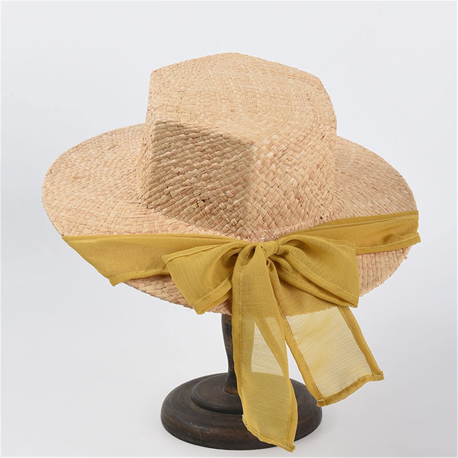 Niña Sombrero de Sol Raffia Sombrero de Paja Sombreros de Verano para Mujeres Novela Hexagonal Ancho Brim Bowknot Cinta de Gasa Sombrero de protección Solar Verano Sombrero