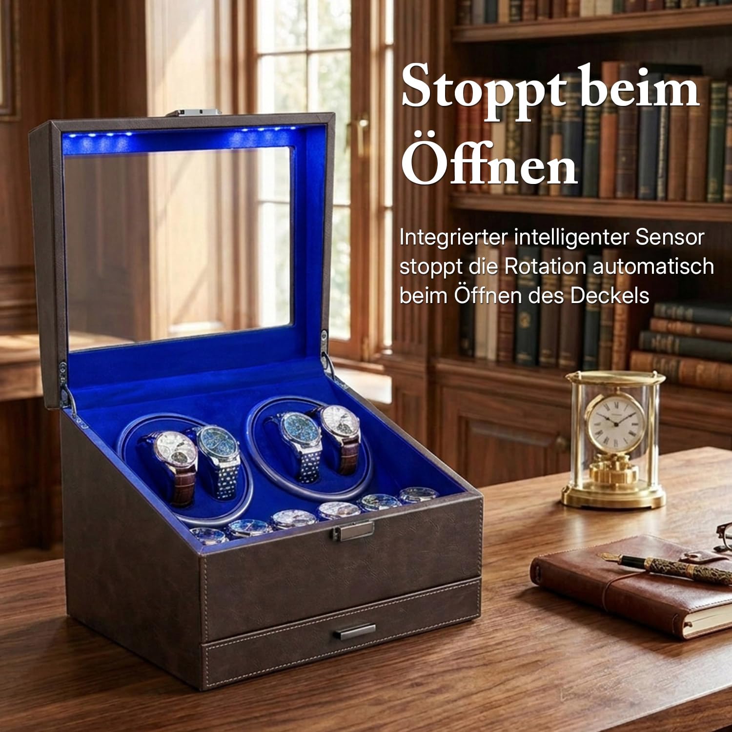 Mcbazel Automatik Uhrenbeweger für 4 Uhren, Leiser Uhrendreher mit 6 Speicherplätzeaus PU Leder mit LED Beleuchtung, Automatikuhren Box mit Schmuckaufbewahrung (Braun)