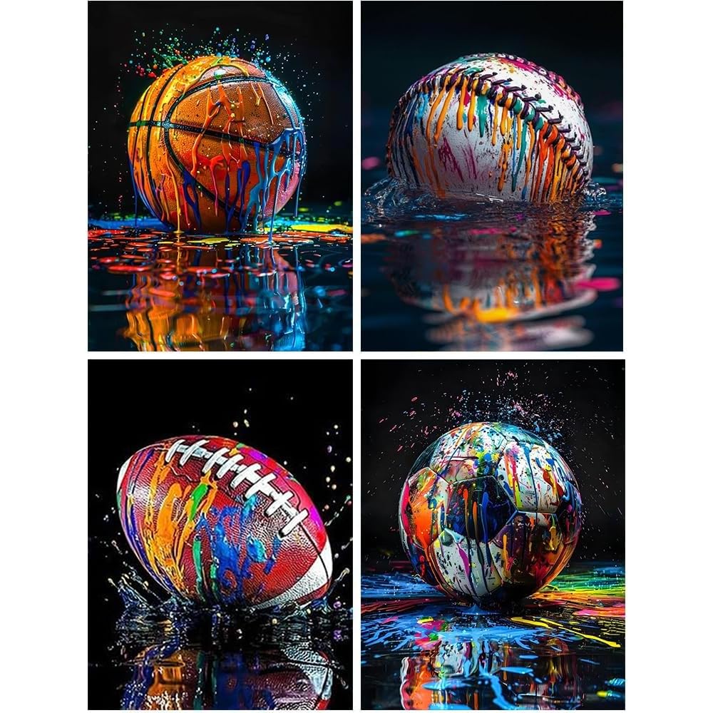 4 Pack Diamond Art Kits Adults, 5D Football Basketball Baseball Rugby Diamond Painting Kit for Adults, Graffiti Sports Fun DIY Full Round Drill Crystal Gem Art Craft, Home Wall Decor 12x16 Inch