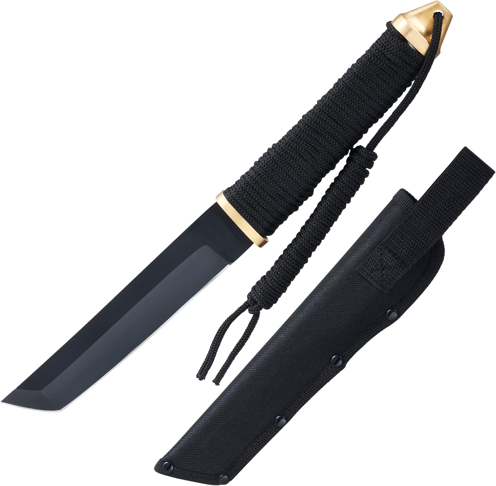 Leopcito 11.5" Japanese Fixed Blade Tactical Knives with Sheath, Stainless Steel Black Survival Hunting Bushcraft Full Tang Tanto Knife with Paracord Handle for Camping, Adventure, EDC, C101BK