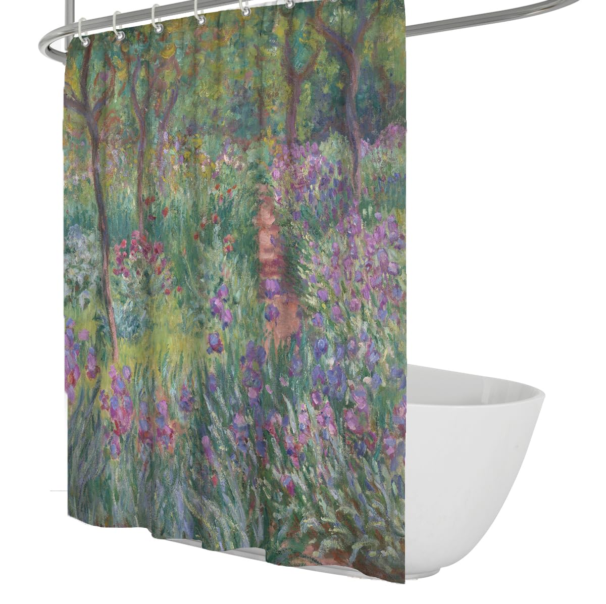 OLLIAR Home Iris Flower Garden Shower Curtain Fabric Waterproof Washable Shower Curtains for Bathroom Impressionist Purple Floral Path Bath Curtain with Hooks 180x220cm