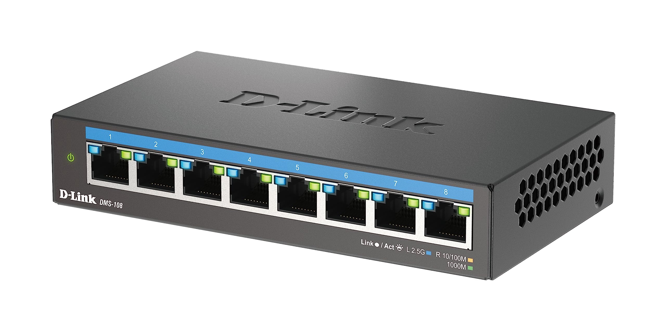 D-Link DMS-108 Switch non gestito multi-gigabit a 8 porte con otto porte da 2.5 G, senza ventola, compatto, struttura in metallo, QoS, Plug and Play