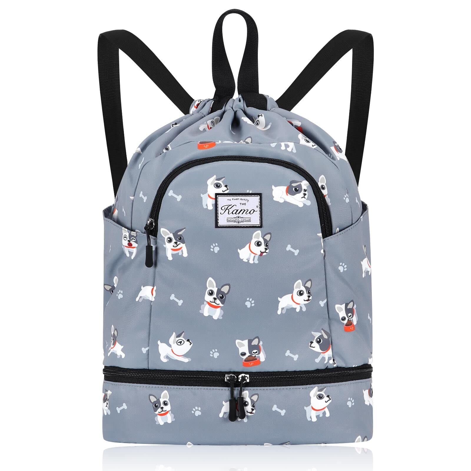 KAMO Drawstring Backpack Bag - Sport Swimming Yoga Backpack with Shoe Compartment, Two Water Bottle Holder for Men Women Large String Backpack Athletic Sackpack for Travel