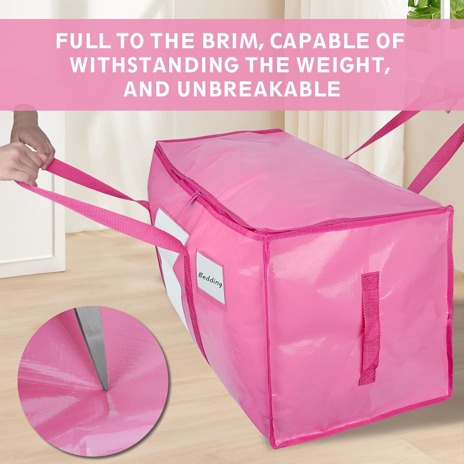 12 Pack Extra Large Moving Bags Heavy Duty 180GSM,130LBS 100L Totes with Visible Window, Zippers & Wrap-Around Handles, Waterproof Reusable, Alt to Moving Boxes, Pink image 5