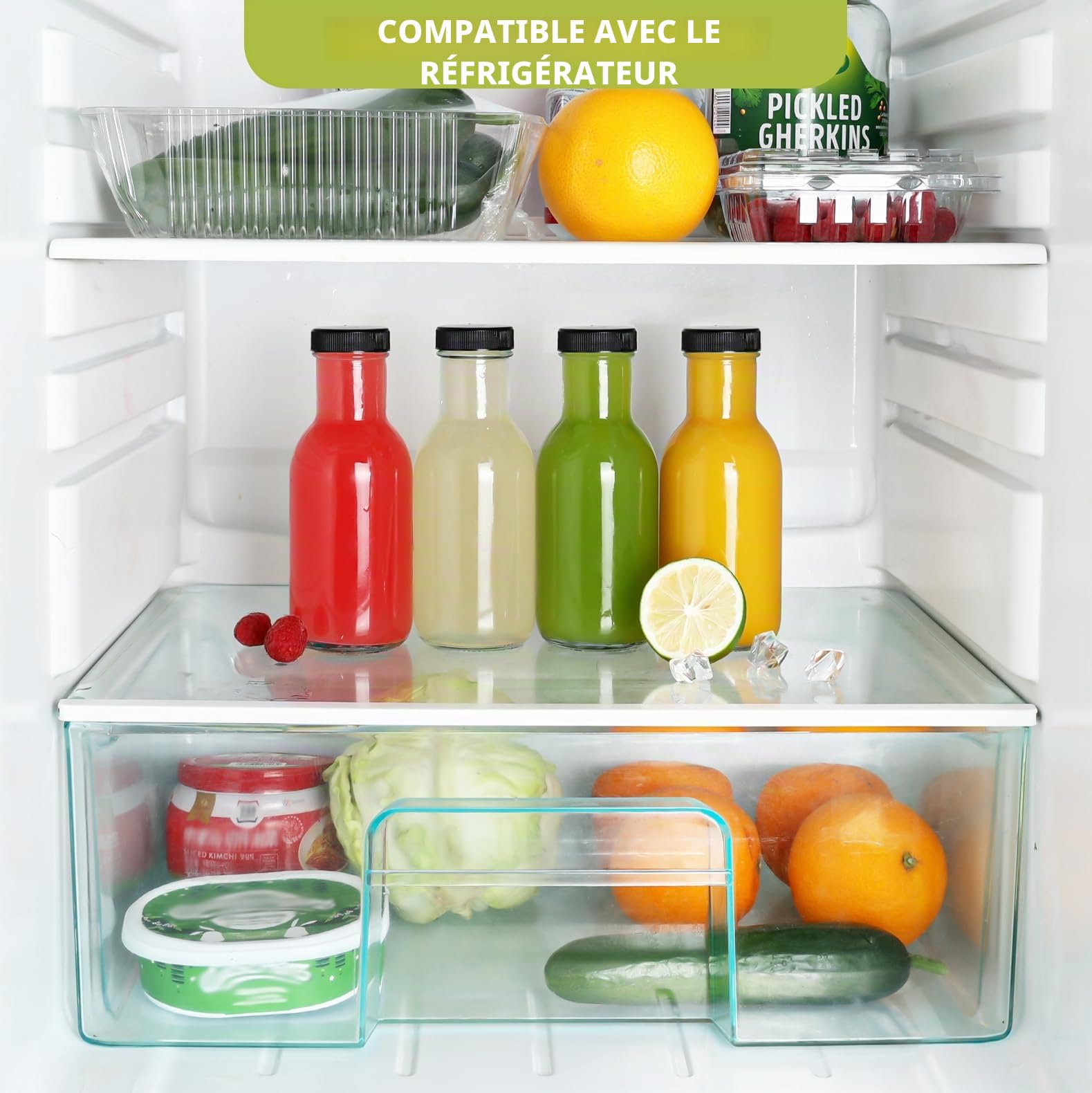 Limili Lot de 4 bouteilles de jus réutilisables 250 ml avec couvercles, bouteilles en verre transparent pour boissons faites maison, pique-niques, voyages, école